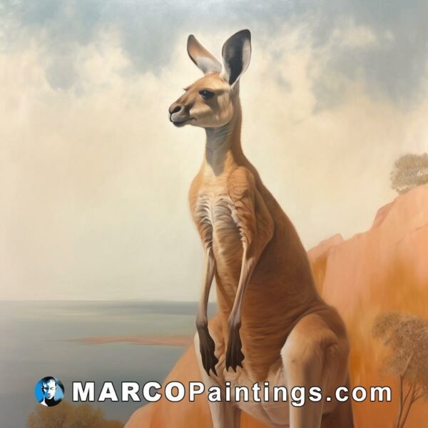 A kangaroo standing on a cliff in a painting