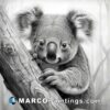 A koala bear sits on a branch in a black and white painting