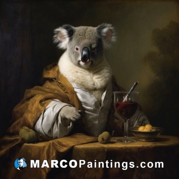 A koala with wine drinking at a table