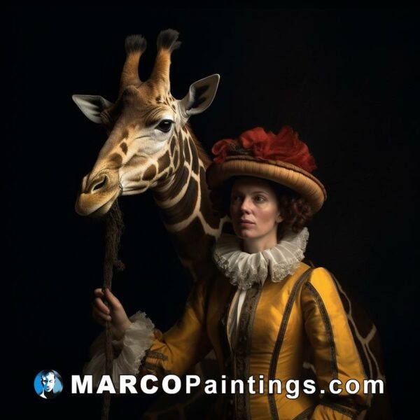 A lady dressed in a hat next to a giraffe