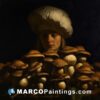 A lady in a hat next to a stack of mushrooms