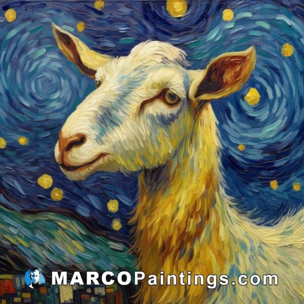 A lamb in a painting under starry night