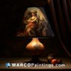 A lamp and a portrait of a woman in an oil painting