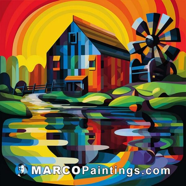 A landscape painting of a colorful house near water