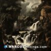 A large black and white painting of a waterfall