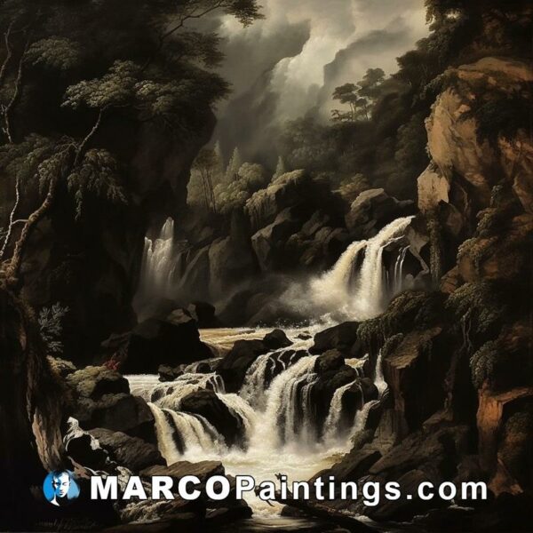 A large black and white painting of a waterfall