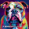 A large bulldog painted on a colorful background