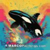 A large orca leaping from a colorful splash of color