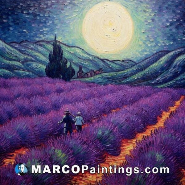 A large painted painting of beautiful lavender fields under the moonlight