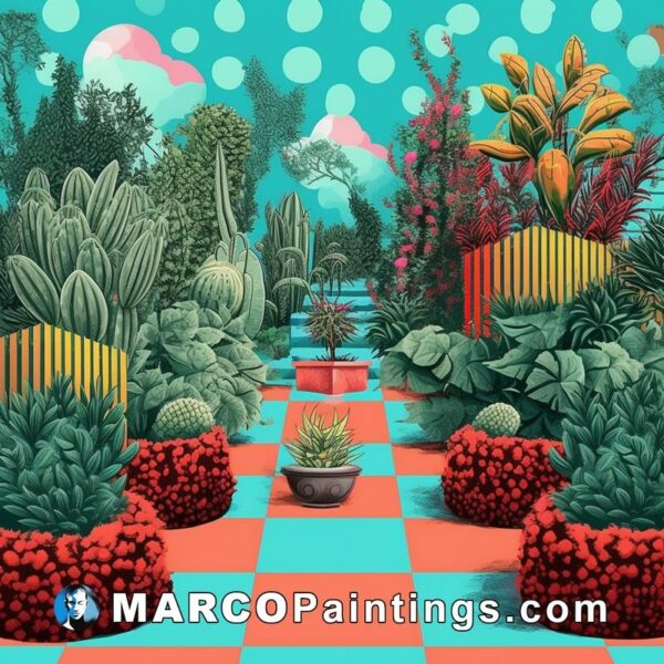 A large painting of a garden with cacti
