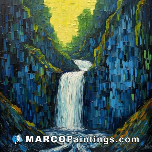 A large painting of a waterfall surrounded by blue cliffs