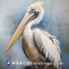 A large painting of a white pelican on a blue canvas