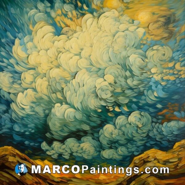 A large painting of blue clouds near a yellow sky