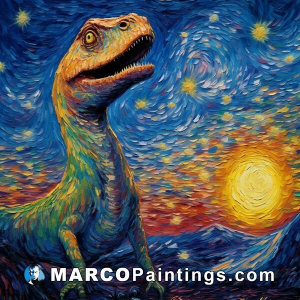 A large painting with a dinosaur in the night sky