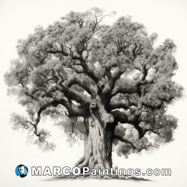 A large piece of black and white drawing of an old tree