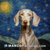 A large portrait of a weimaraner standing against the starry sky