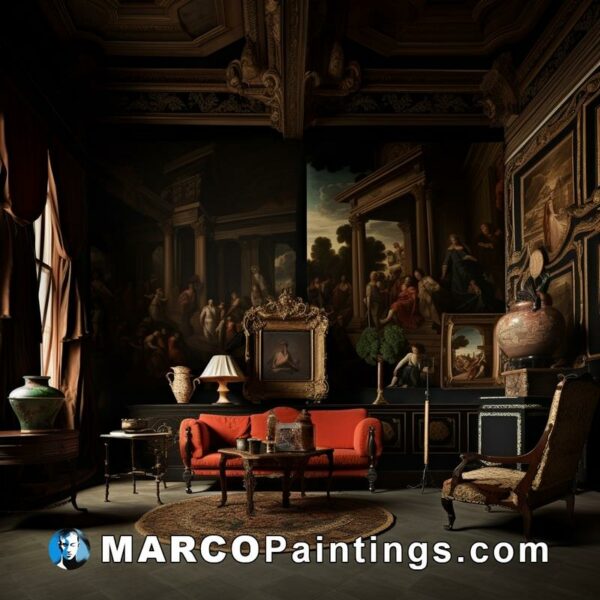 A large room with art work and furniture in it