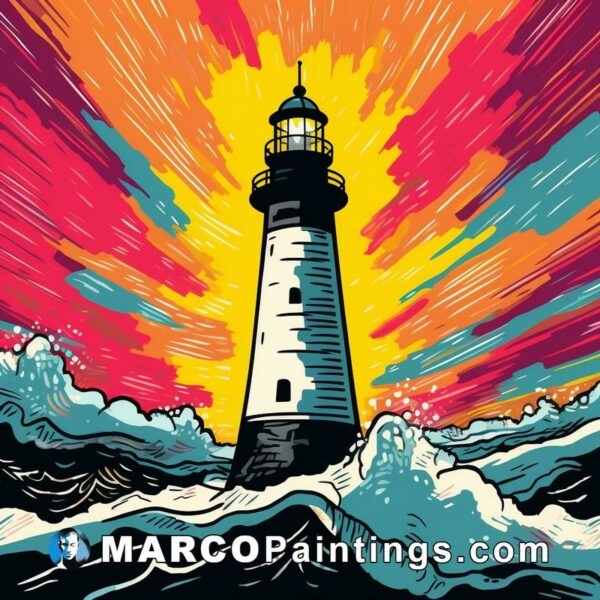 A light house with a wave over it on an abstract background and sunny sunset