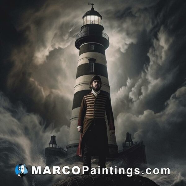 A lighthouse with a men in it in dark skies