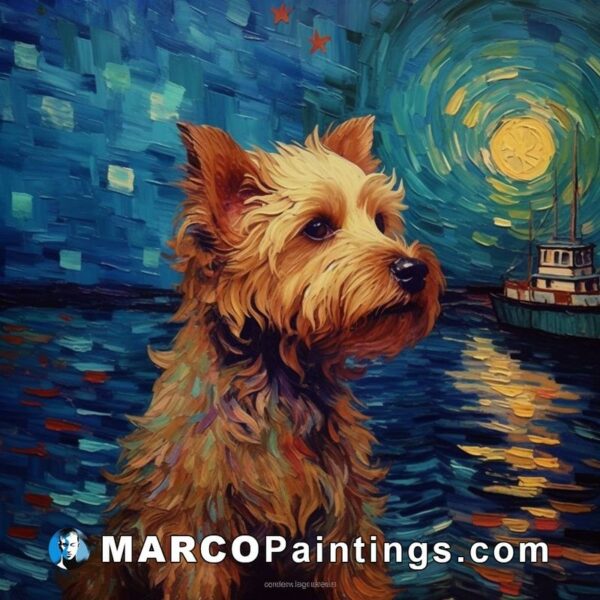 A little terrier sitting in the boat on the night sky