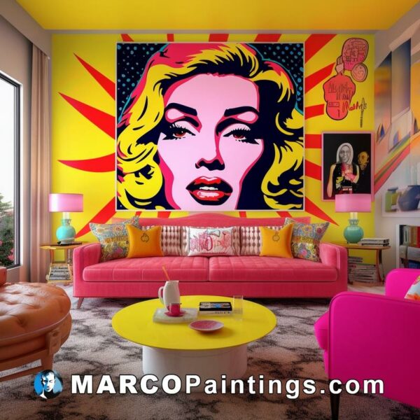 A living room decorated up with a pop art painting