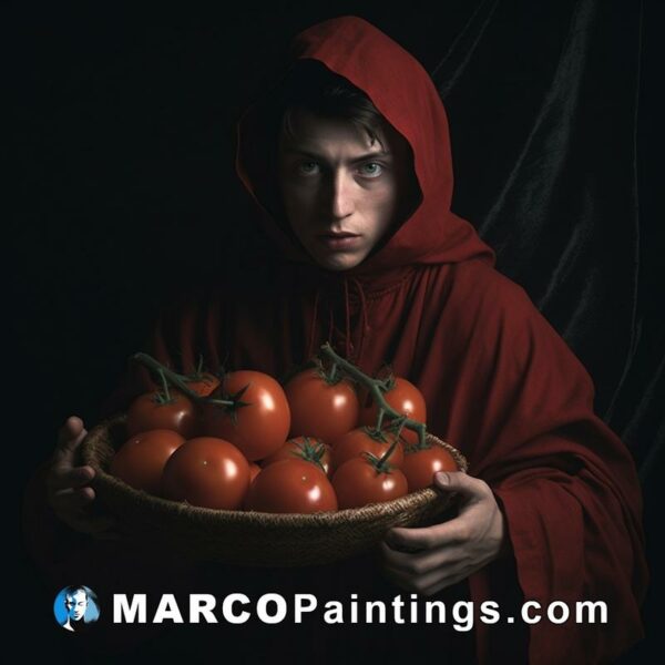 A male dressed in red holds several tomatoes with a basket