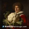 A male figure holding a cauliflower