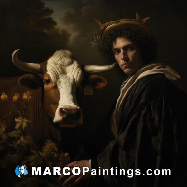 A man and a cow in a painting