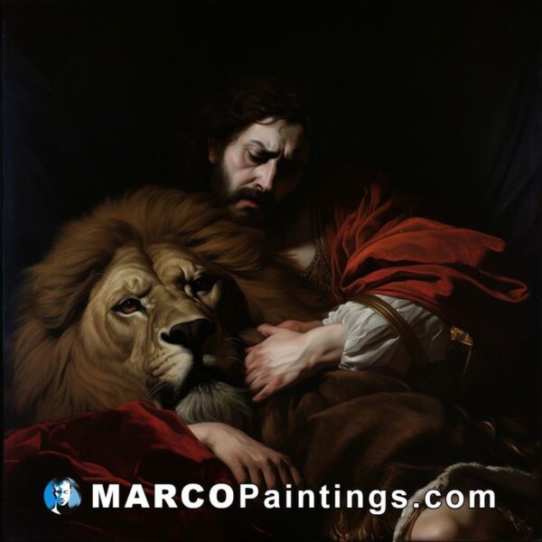 A man and lion laying side by side