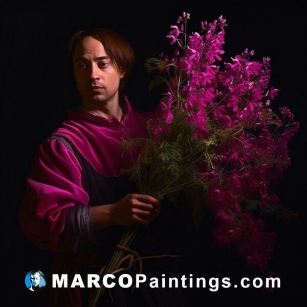 A man dressed in a medieval costume and holding flowers