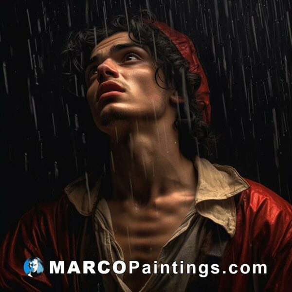 A man dressed in red is standing in the rain
