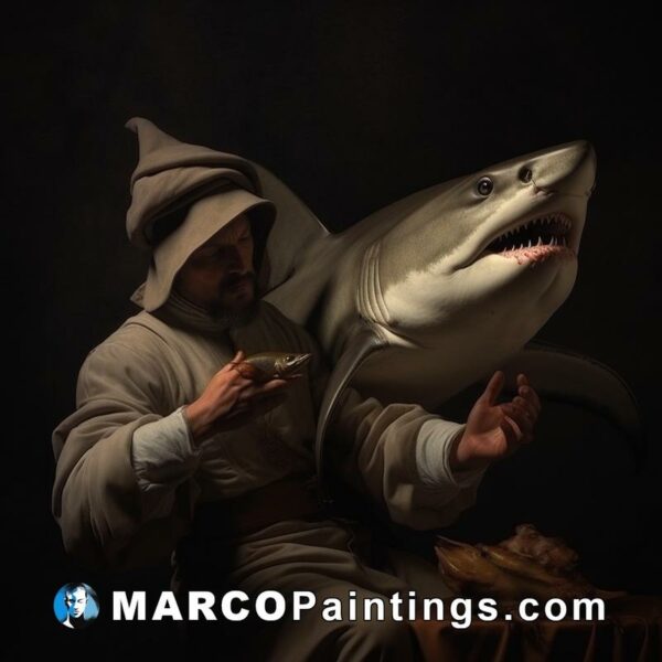 A man dressed in white on the side of a table with a shark on it