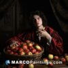 A man holding a basket of apples