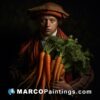 A man holding carrots in front of a dark background