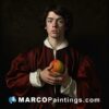A man holds an apple and wearing some sort of garment