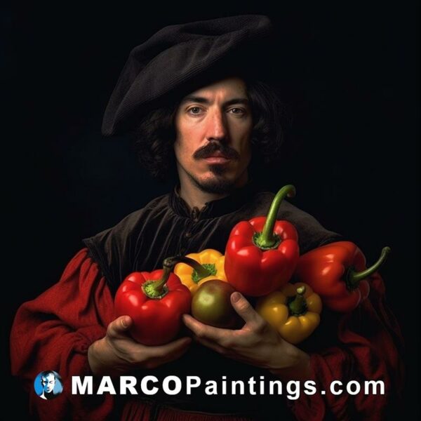 A man holds four different shapes of peppers