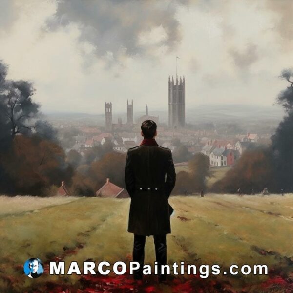 A man in a black coat looks out over a field to a city