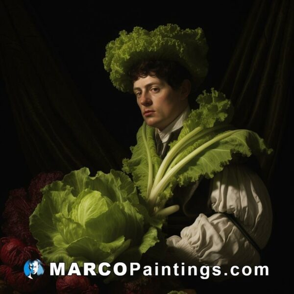 A man in a costume with cabbages