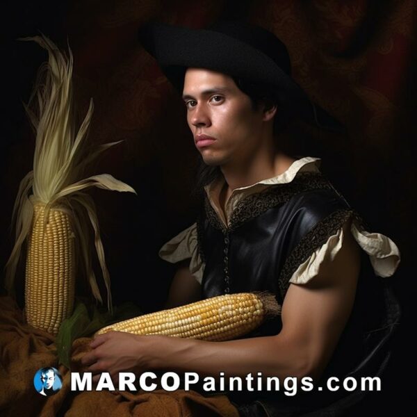 A man in a medieval costume posing with corn