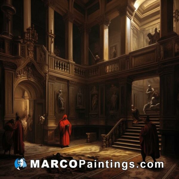 A man in a red cloak walks into an ornate house