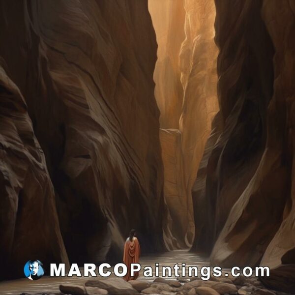 A man in a robe stands in a narrow canyon