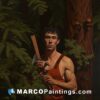 A man in a tank top with axe in the forest