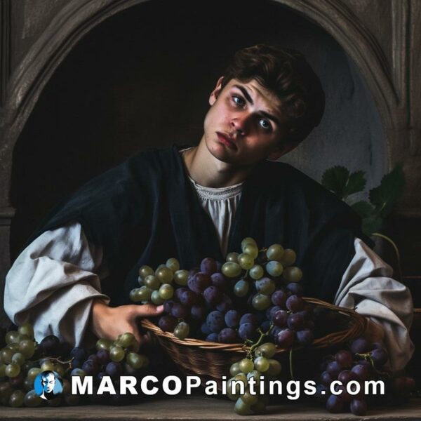 A man in a trenchcoat sits on top of a basket of grapes