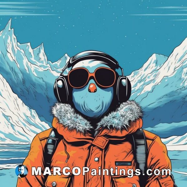 A man in an orange jacket with headphones in the snow