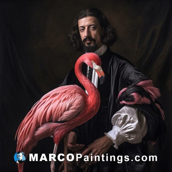 A man in black holding a pink flamingo