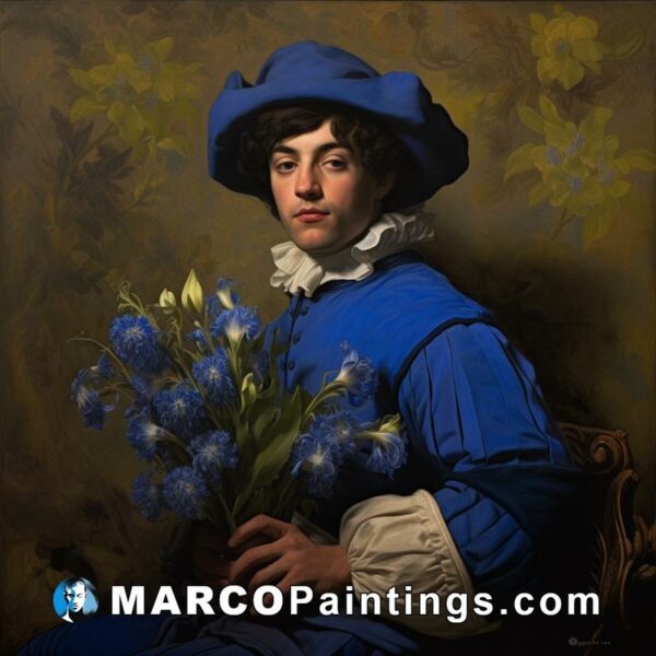 A man in blue holding flowers