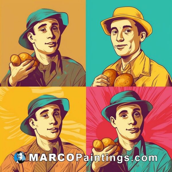 A man in different colored styles is holding apples