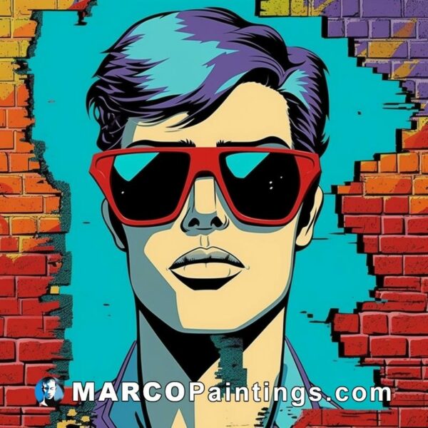 A man in sunglasses is wearing a retro design of a brick wall