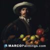 A man in white costume holding fruit
