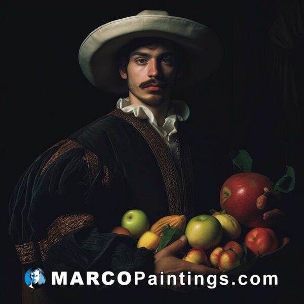 A man in white costume holding fruit
